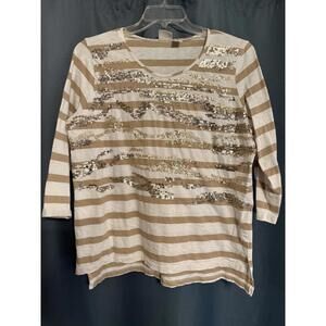Chico's Zenergy‎ Stripe Sequins T-shirt Top, size 2 / 12,  Tan White